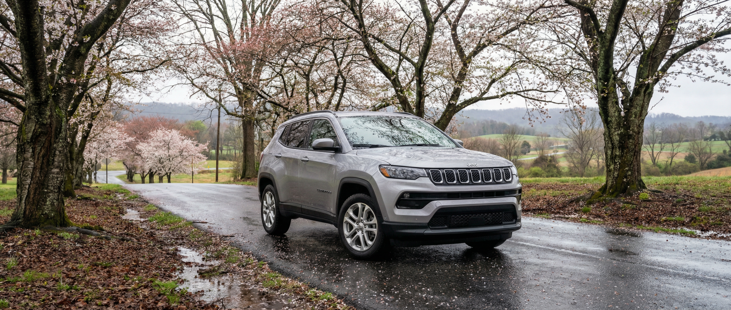 Used Jeep Compass with 4x4 capability driving through Hampstead Maryland during spring rain.