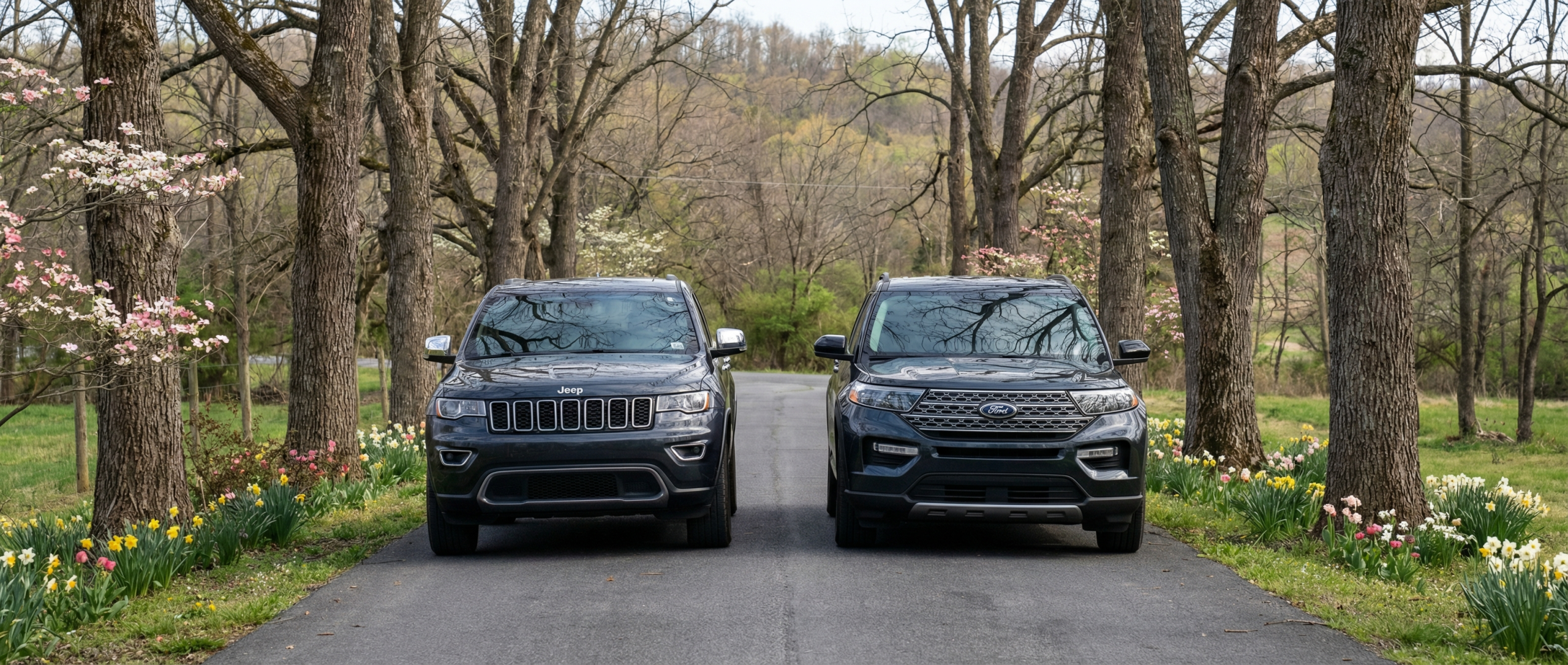 Used Jeep Grand Cherokee and Ford Explorer parked in Hampstead.