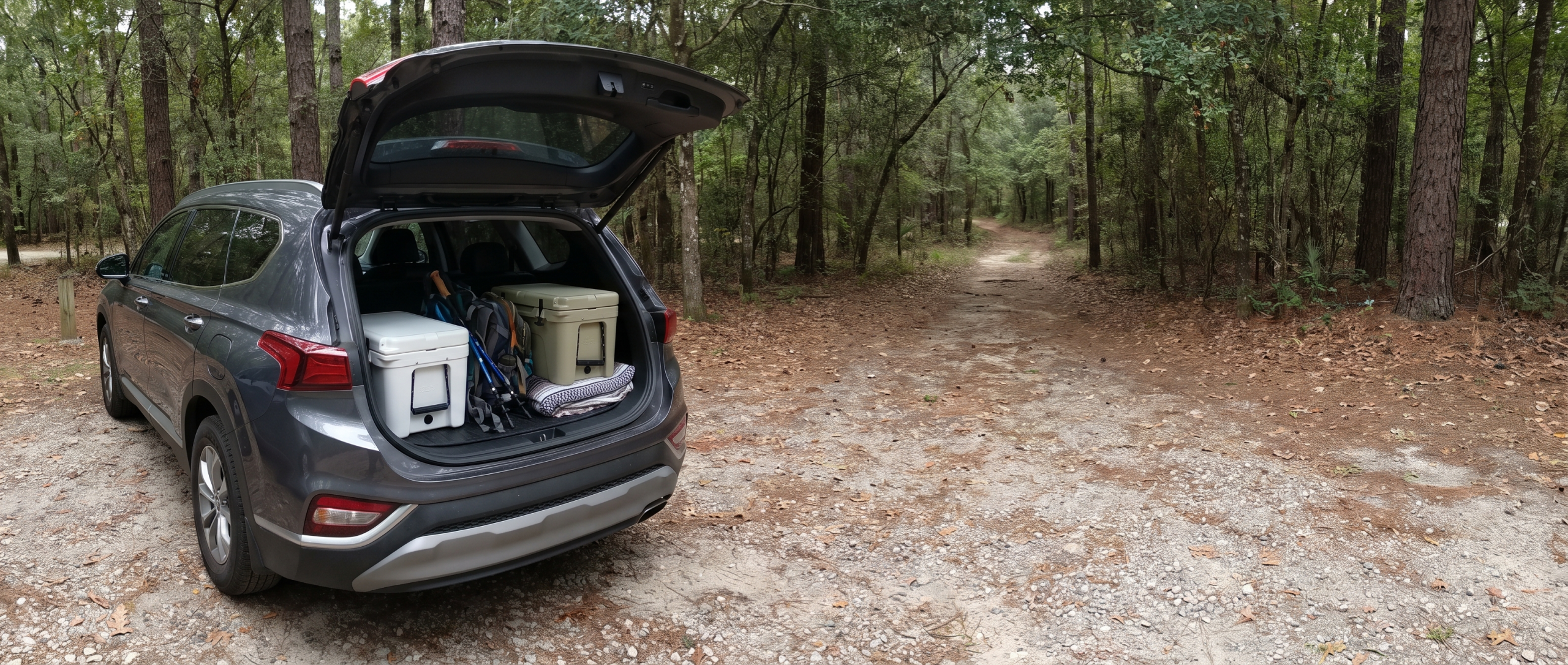 Used Hyundai Santa Fe cargo space packed for a day trip in Hampstead.